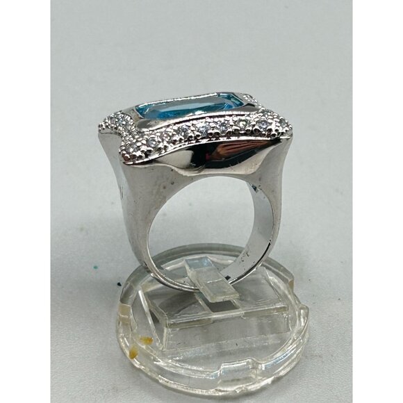 Blue Aquamarine Glass Ring Size 7 Silver Tone Free Form Modernist Ring - Picture 7 of 12